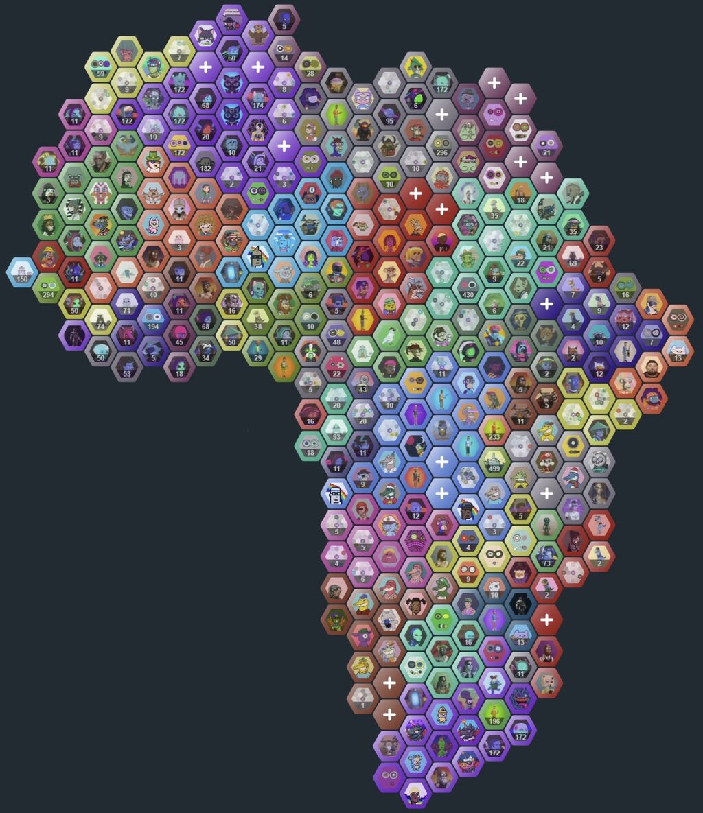 Liquid Lands hex map showing cities and buildings